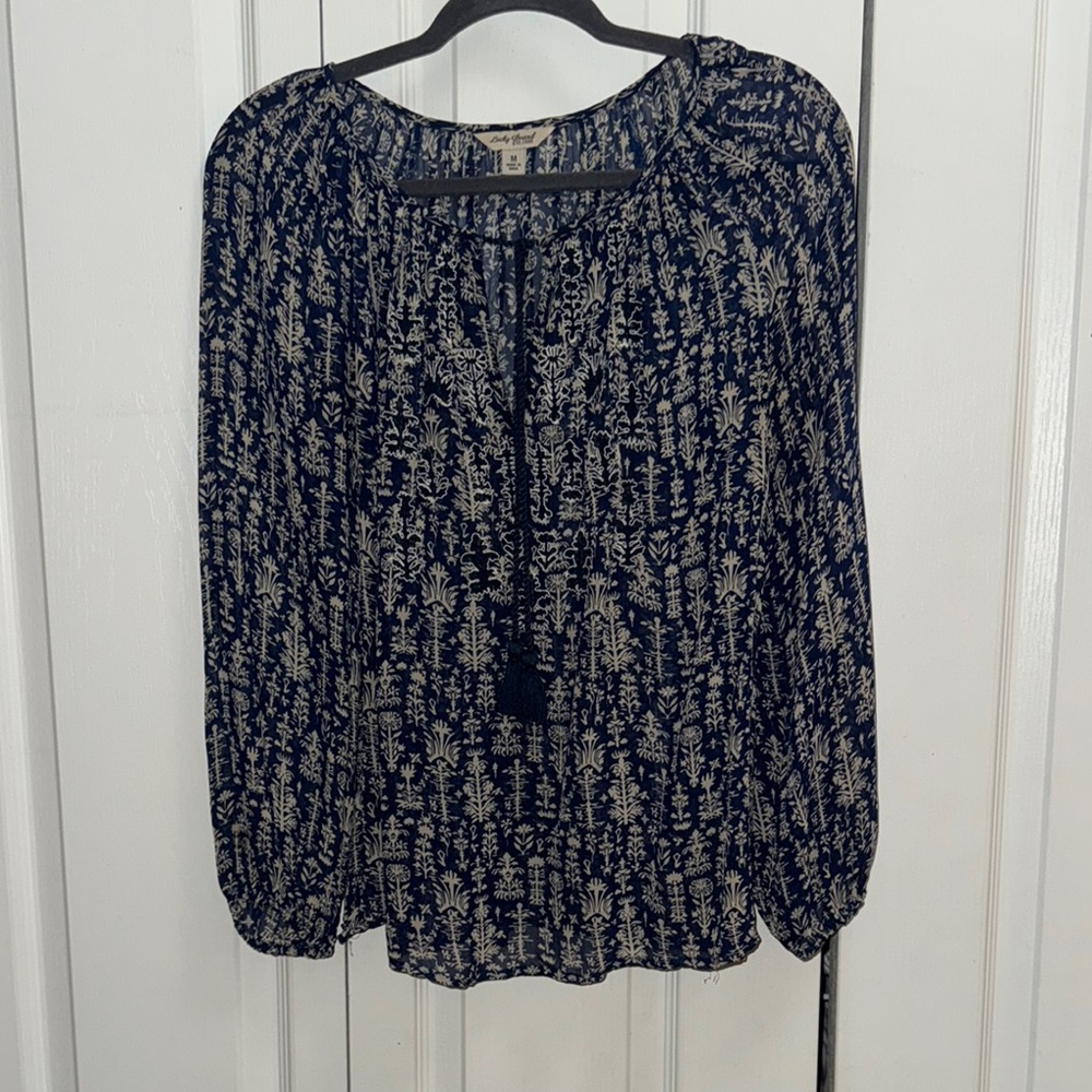 Lucky Brand Navy and Cream Patterned Blouse